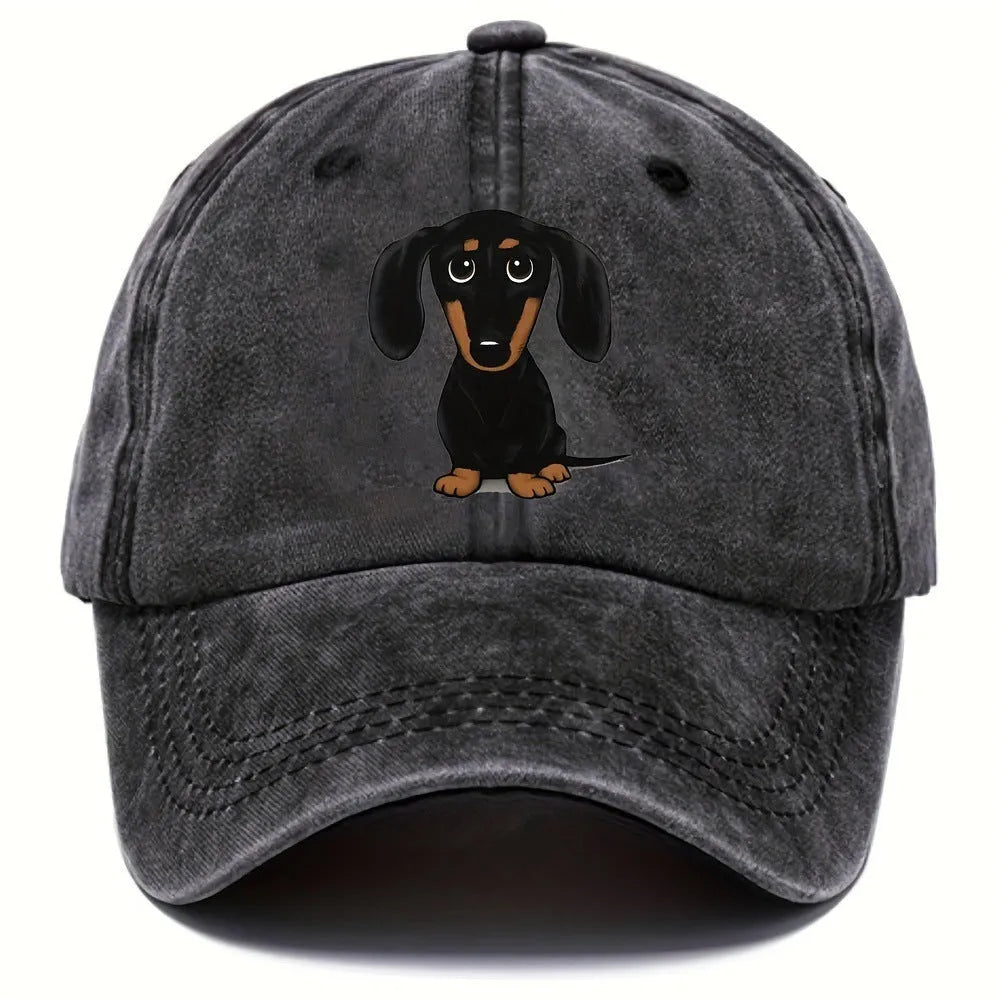Retro cotton baseball cap with embroidered Dachshund design on dome crown, size M fits 56-58cm head circumference