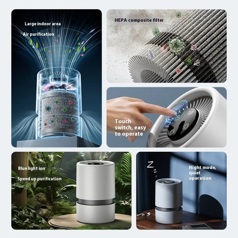 White EJ-JHQ101 desktop air purifier with USB cable on a wooden desk.
