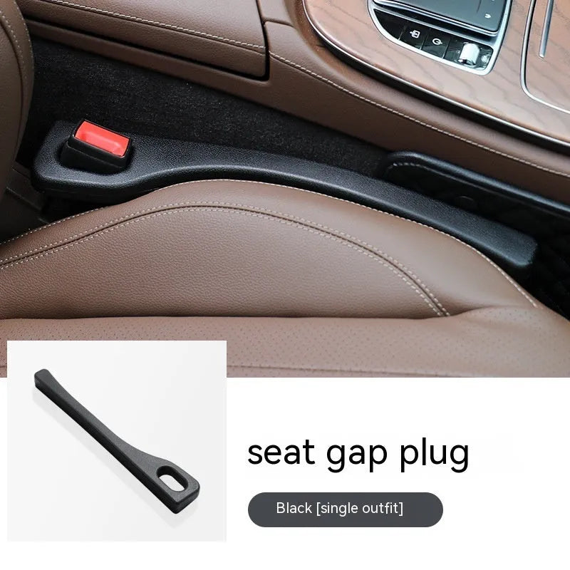 A pair of flexible polyurethane car seat gap filler rods shown in available colours: black, brown, red, beige, and green.