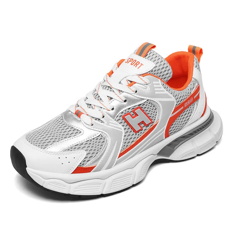 Men's solid-colour mesh running shoes with round toe and plastic sole.