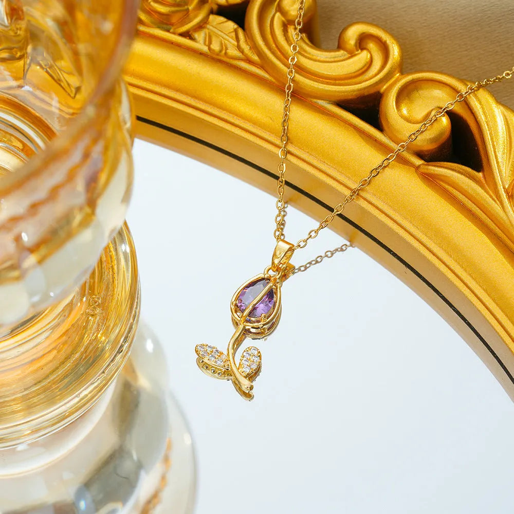 Zircon tulip necklace with adjustable titanium steel chain and copper-plated gold pendant