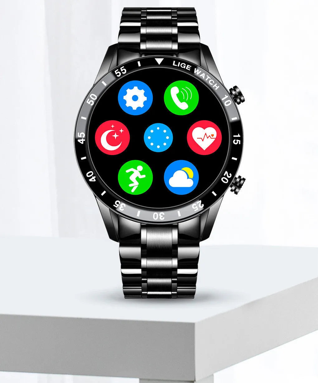 Stainless steel smart watch with black band and 1.3 inch touch screen display showing step count