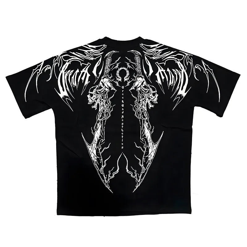 A man's loose-fit dark coloured cotton t-shirt with a gold gilding design detail on the front.