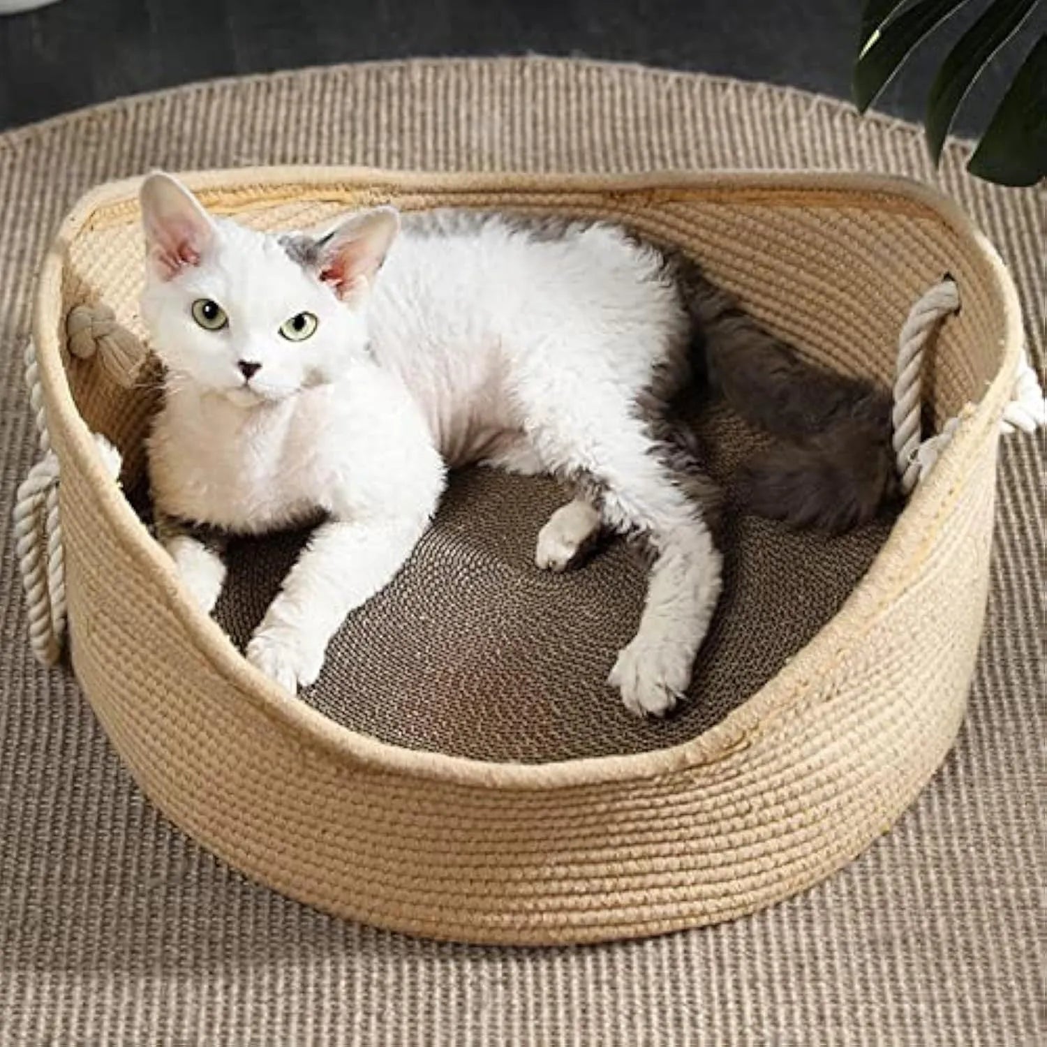 Wicker cat bed basket with corrugated scratching surface in small or large sizes