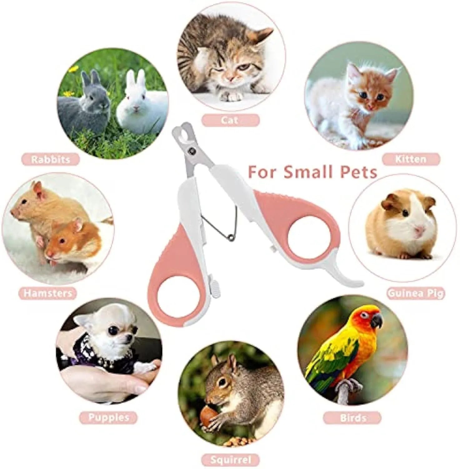 Grey and pink cat nail clippers with angled stainless steel blade and safety guard on a non-slip handle.