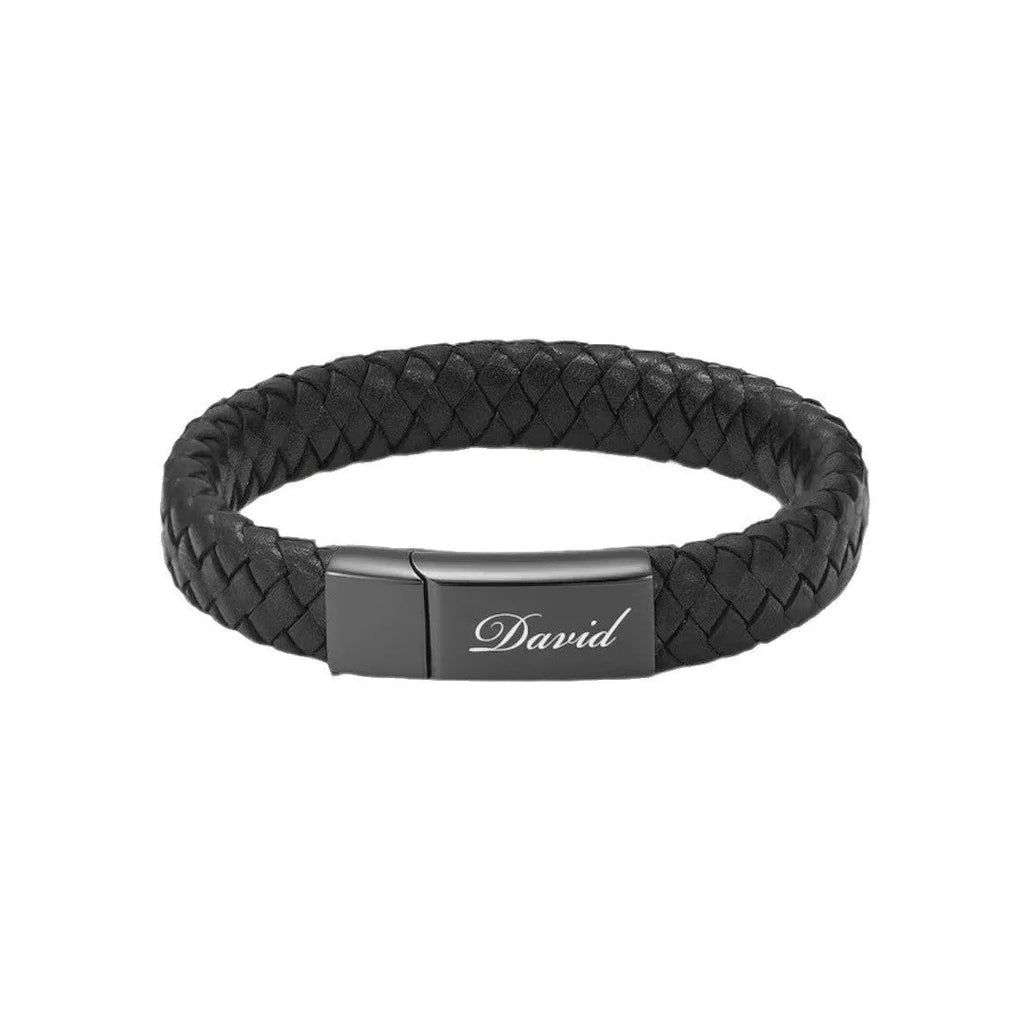 Black leather and stainless steel casket memorial bracelet with engraving