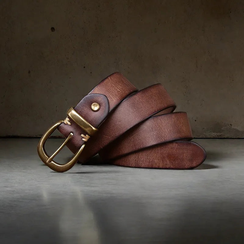 Men's casual cowhide leather belt with copper pin buckle in black, brown, or khaki