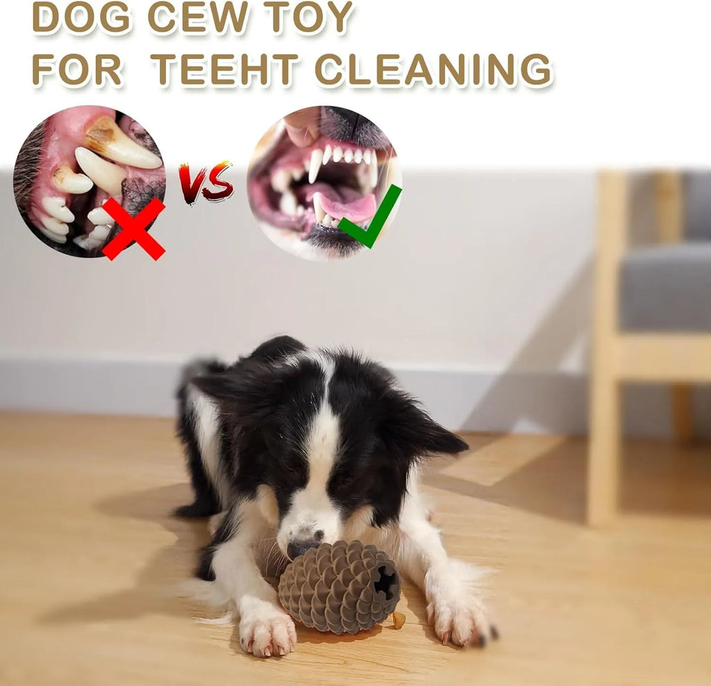 Yellow pine cone shaped natural rubber dog chew toy with treat dispenser for medium large dogs