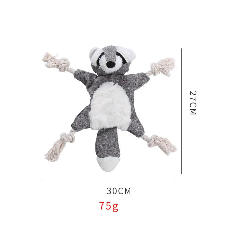 Brown fox-shaped dog toy with squeaker in head, crinkle paper body, and rope arms and legs