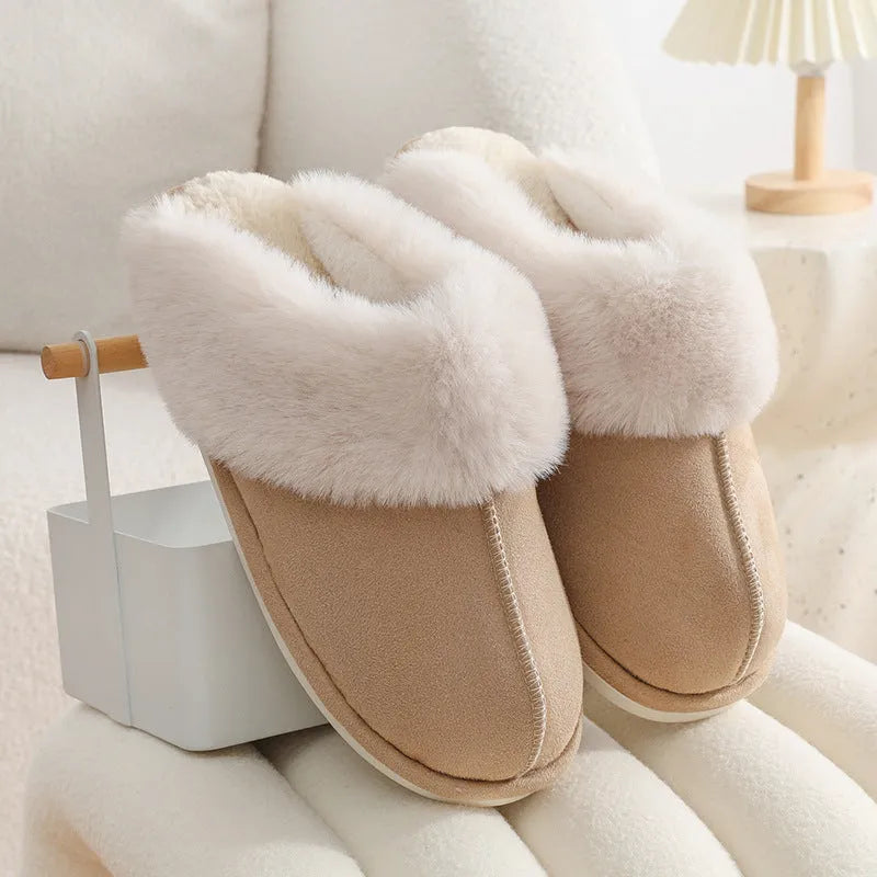 Women's plush indoor slippers with round toe, flat heel, and PVC sole in multiple colour options