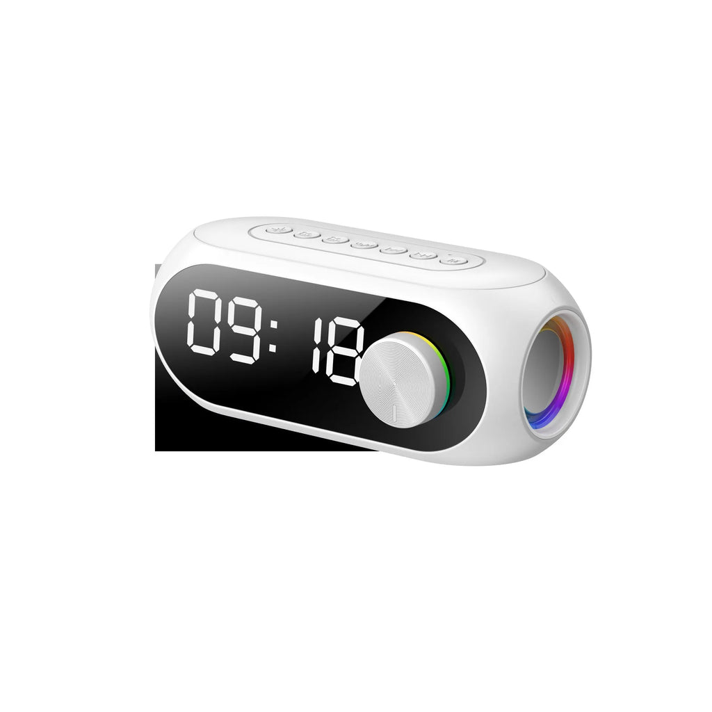 S8 portable USB clock radio with extra bass speakers in black, white or blue colours