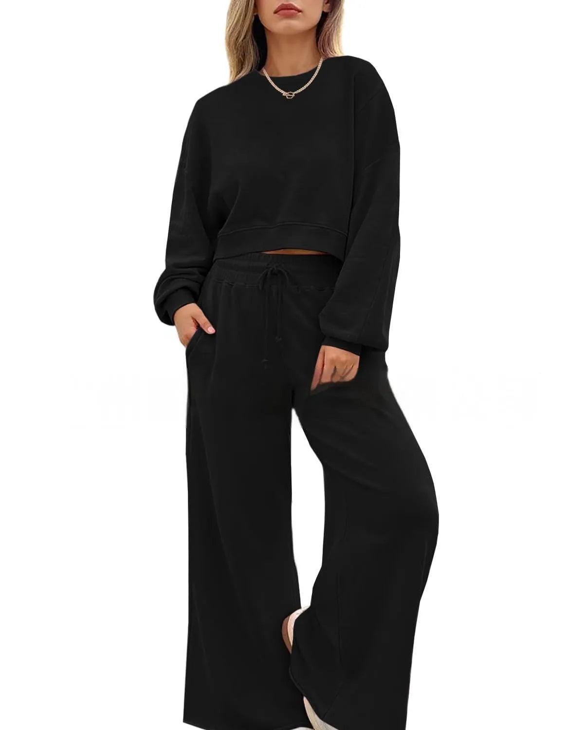 Women's polyester two-piece trousers set in solid colours with long sleeves