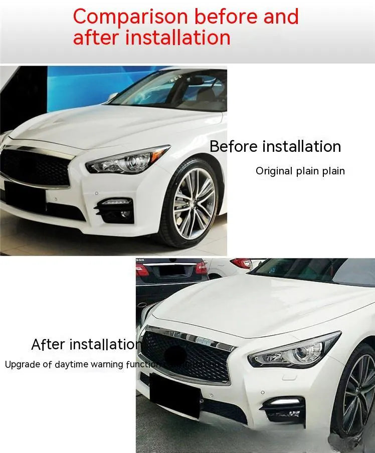 Infiniti Q50 Q70 front bumper LED daytime running light and turn signal unit with ABS housing.