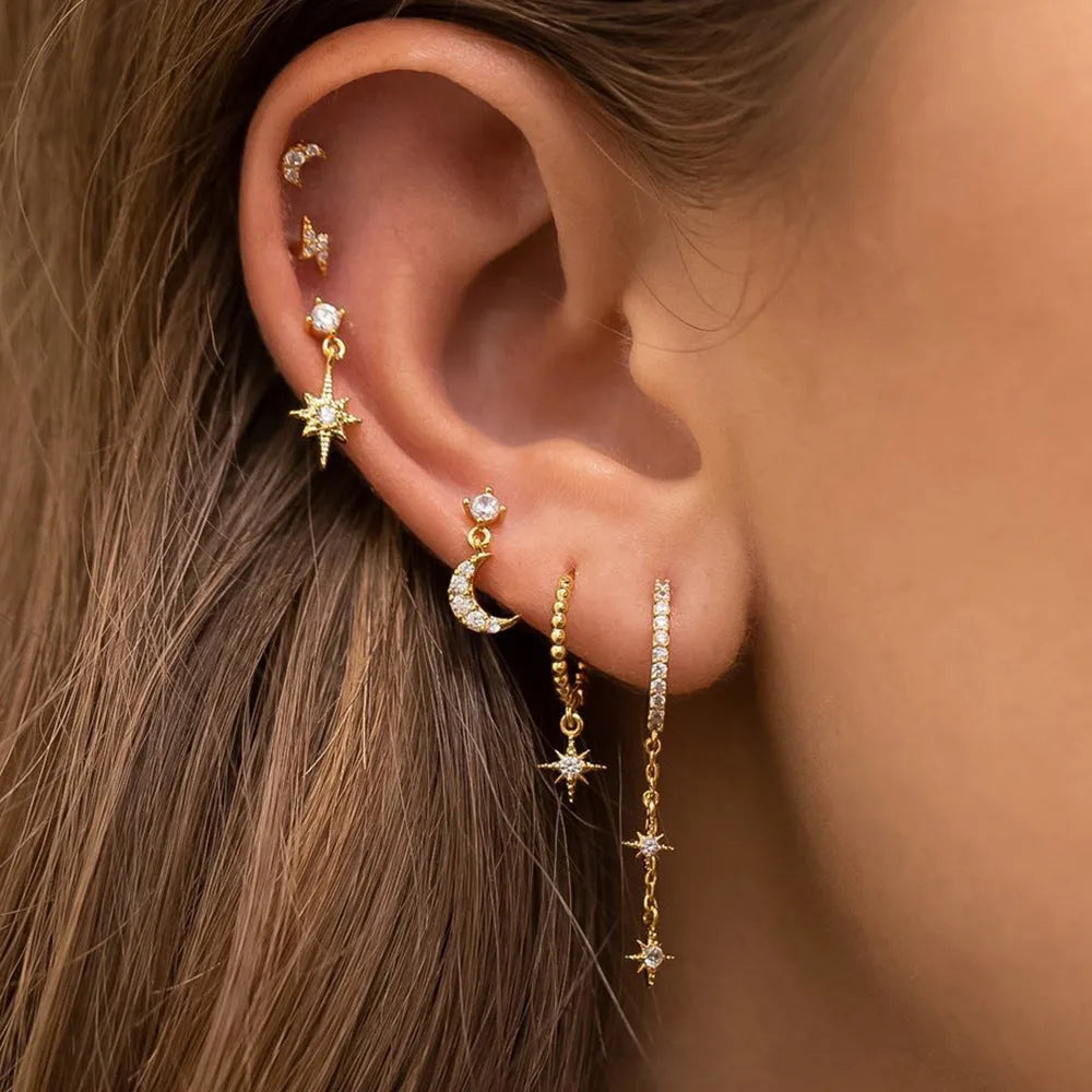 XINGX six piece gold electroplated chain tassel earrings set with zircon details on copper