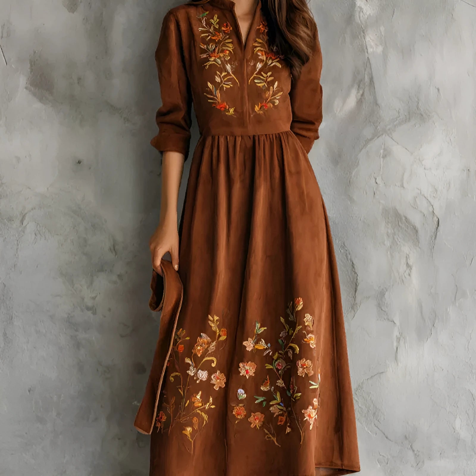 Brown vintage floral embroidered suede-look midi dress on mannequin