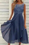 Women's sleeveless chiffon dress with hollow-out lace stitching in green colour
