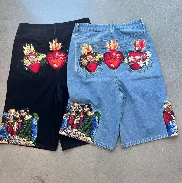 Men's blue cotton tapered shorts with Jesus printed back pocket detail