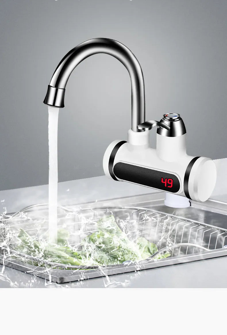 White kitchen electric water heater tap with digital temperature display for instant hot water