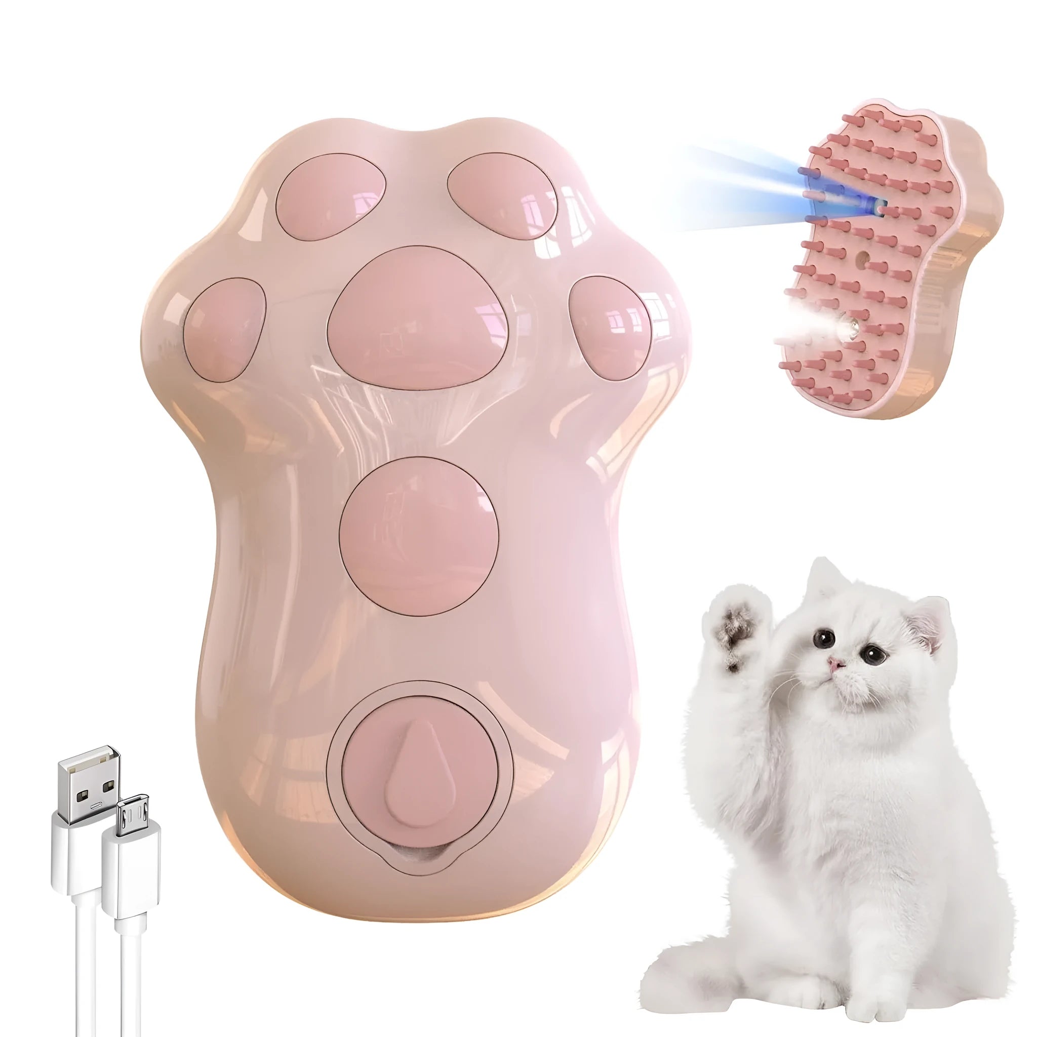 Blue self-cleaning cat steam brush with silicone bristles and a release button for pet grooming.