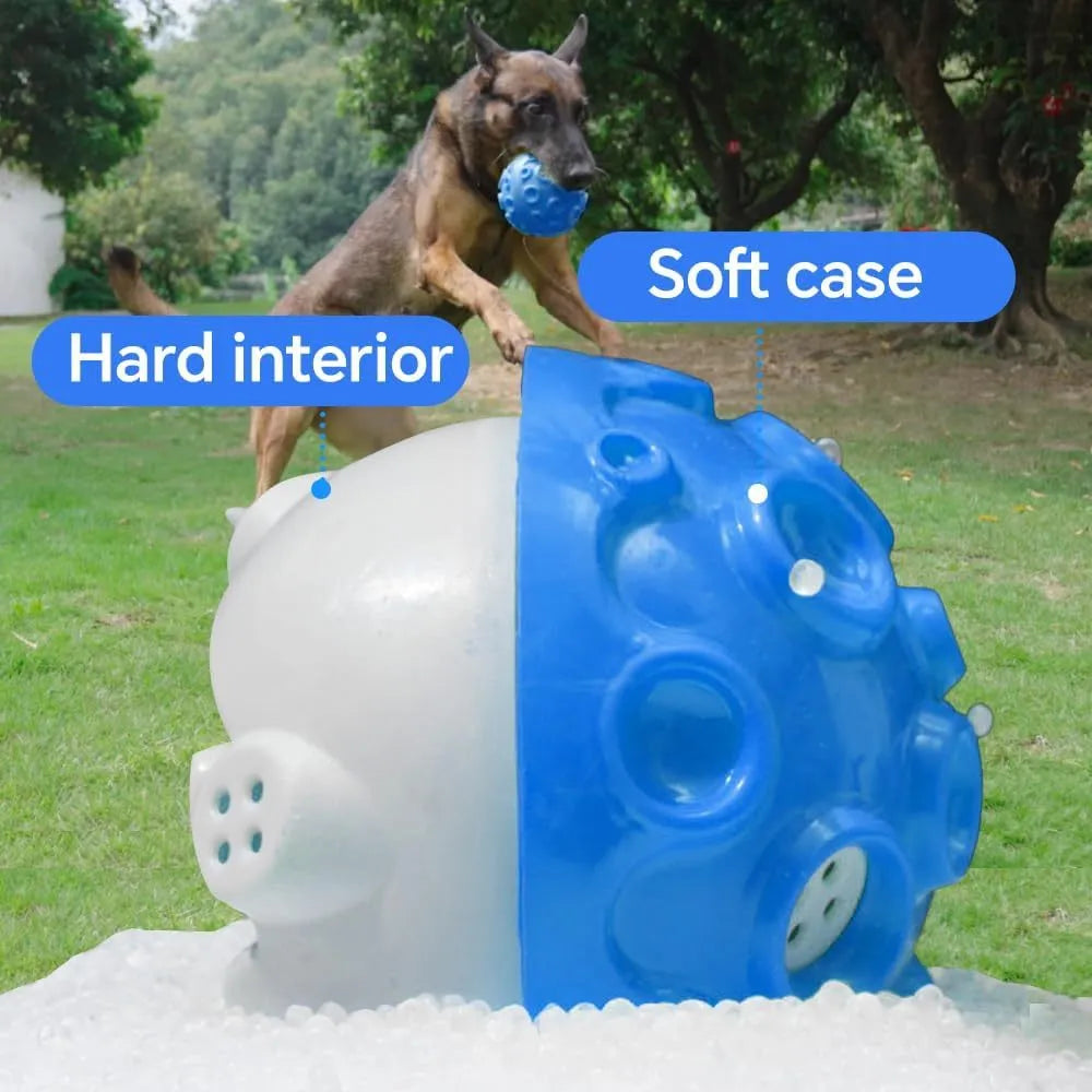 Durable natural rubber dog ball toy with textured surface and squeaker for aggressive chewers.