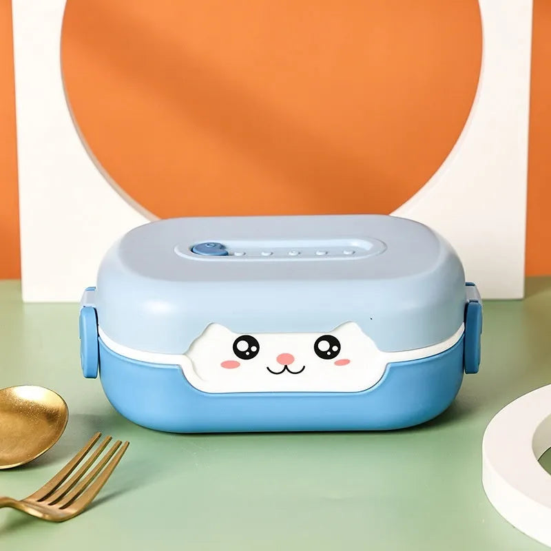 Square plastic divided lunch box in dark blue, orange yellow, or pink and green with microwave-safe symbol