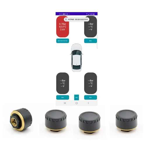 Four black Bluetooth tyre pressure sensors for mobile phone display with IP67 waterproof rating