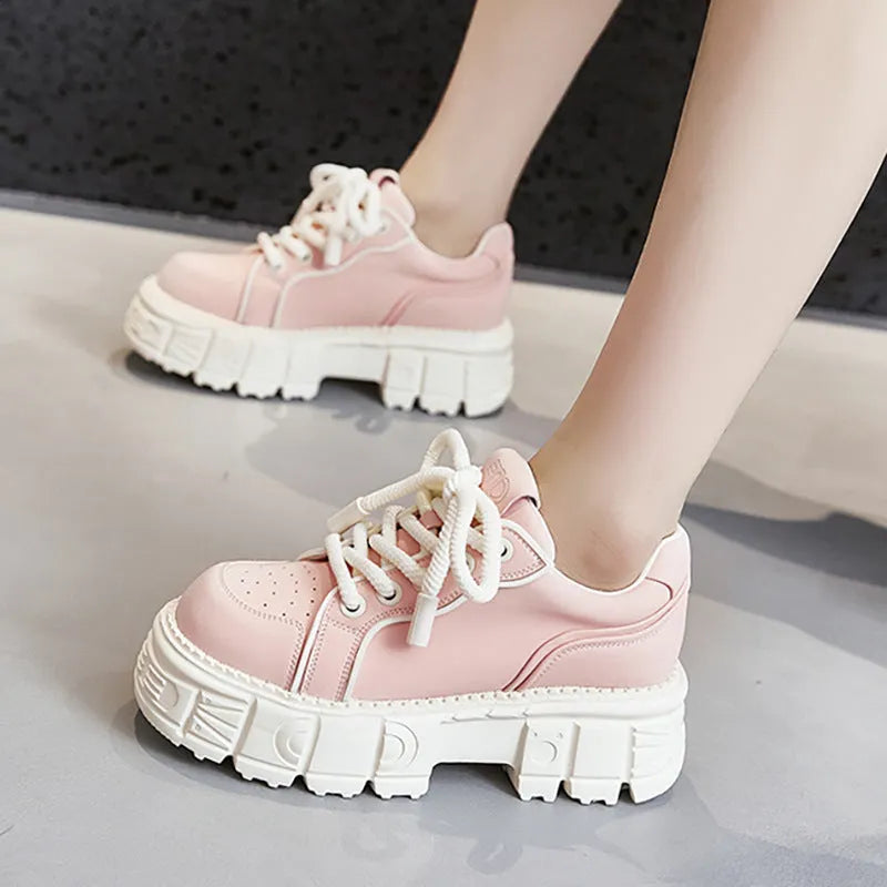 Beige and pink spring casual leather shoes with muffin bottom design and rubber foam sole
