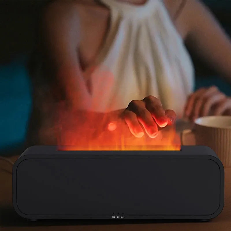 Black and white aroma diffuser with remote control, USB port, flame effect and colour-changing lights