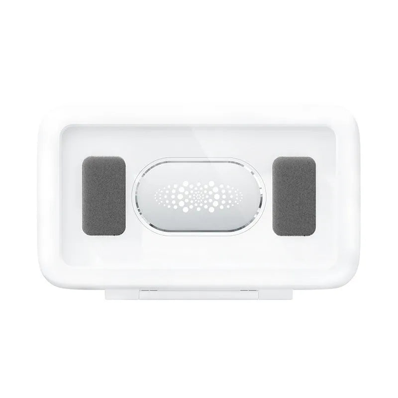 White waterproof phone holder mounted on bathroom tile with phone visible inside