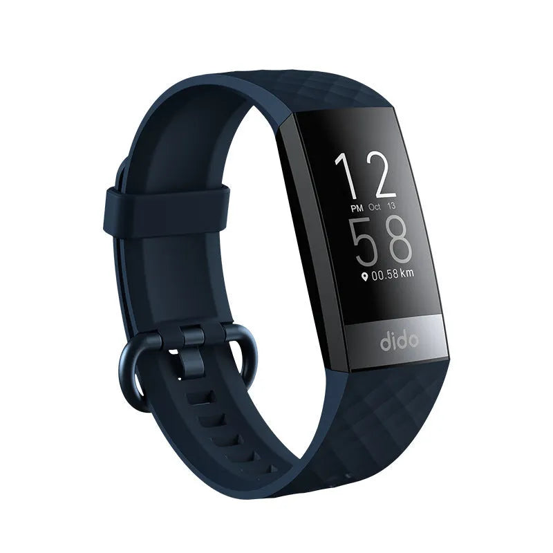 Black smart health bracelet with 1.1-inch display showing blood pressure and heart rate monitoring data