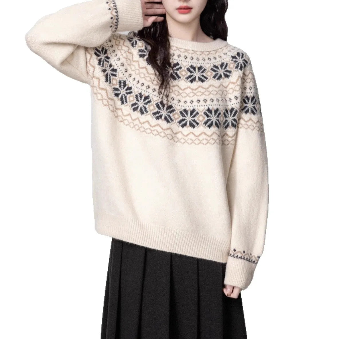 Women's milky white fair isle patterned pullover sweater with geometric design and regular sleeves