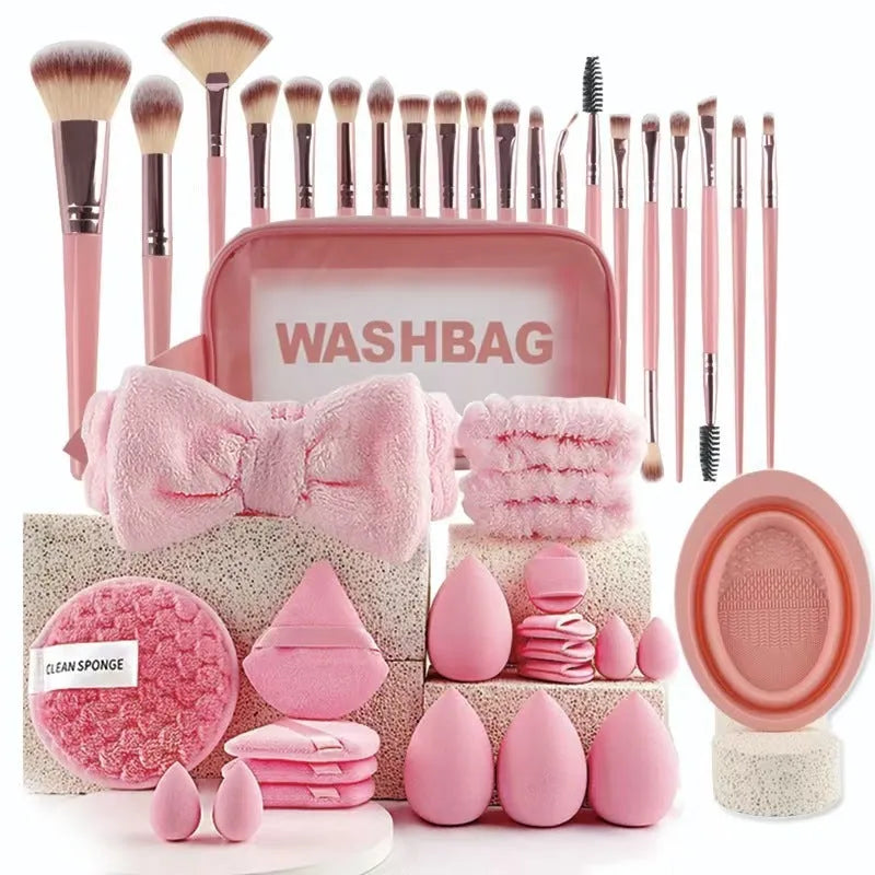 Beauty tools combination set with hydrophilic non-latex face wash and makeup tools in brown, pink, and purple colours