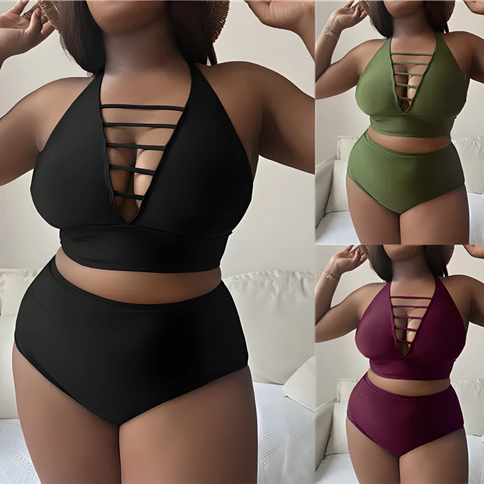 Plus size black halter bikini with adjustable cross straps and high waist briefs