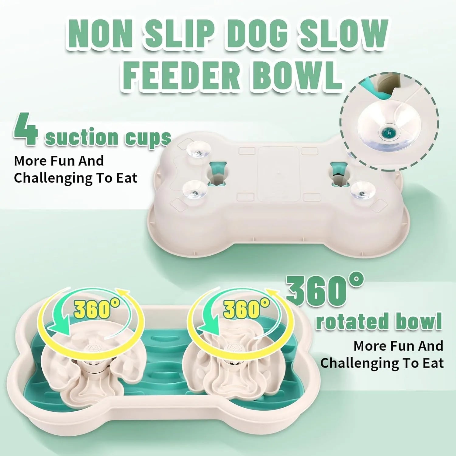 Large green slow feeder dog bowl with three rotating puzzle trays and non-slip suction cups on base