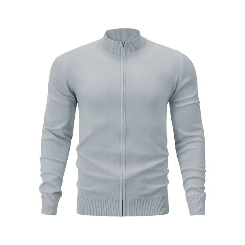 Cotton stand collar casual sports sweater with full-length zipper in loose fit