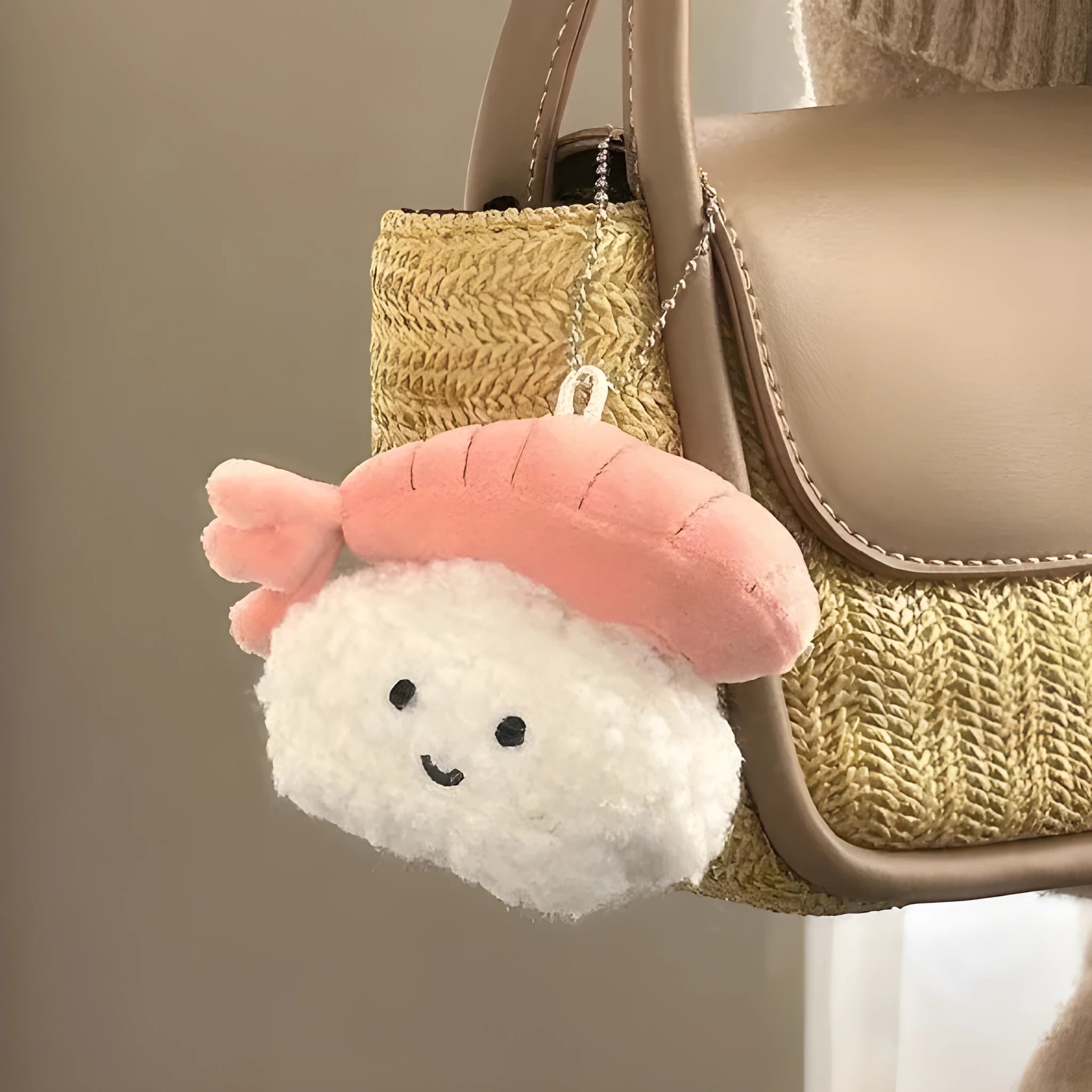 Soft plush sweet shrimp sushi pendant charm in pink and white, kawaii bag accessory