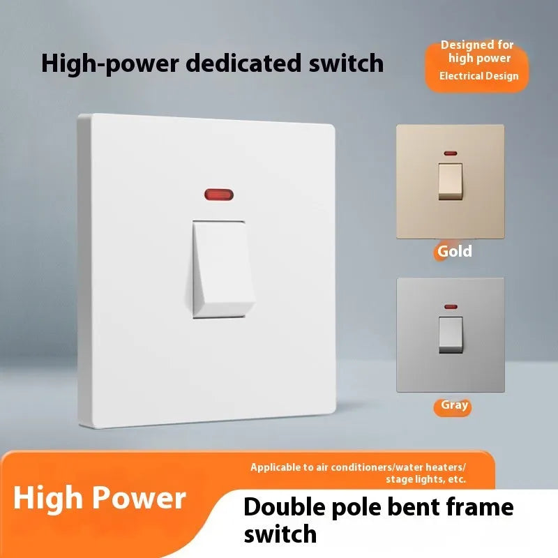 A white, high-current double-break electrical switch with a light panel indicator, shown alongside gold and grey colour variants.