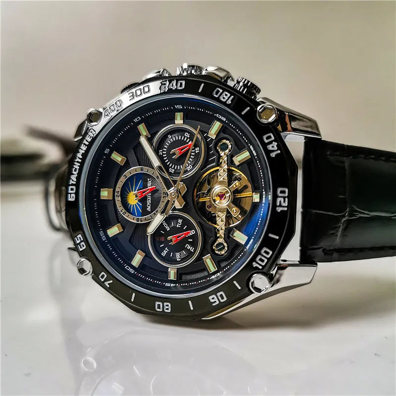 Men's automatic mechanical watch with 12mm case in black steel, silver, and gold finish options.
