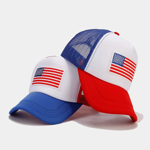 Red and blue contrast colour baseball cap with mesh fabric and adjustable strap