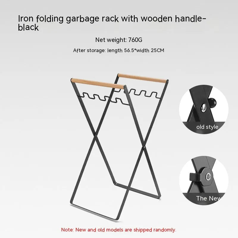 Wooden handle wrought iron folding garbage storage hanger with height adjustment mechanism
