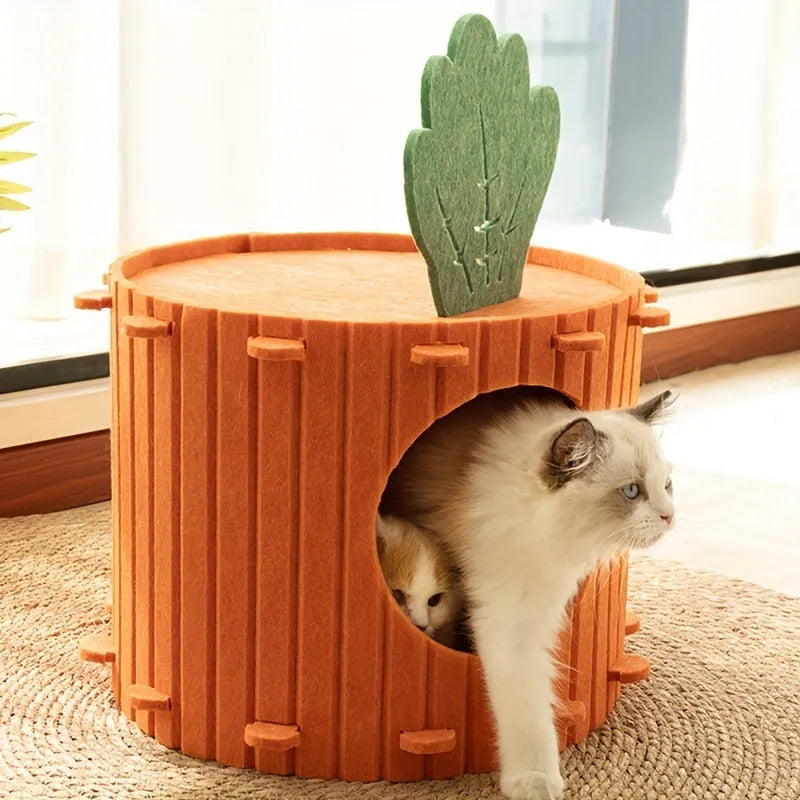 Beige felt cat tunnel nest with a semi-enclosed design and round entry hole, shown next to a measuring tape indicating its size.