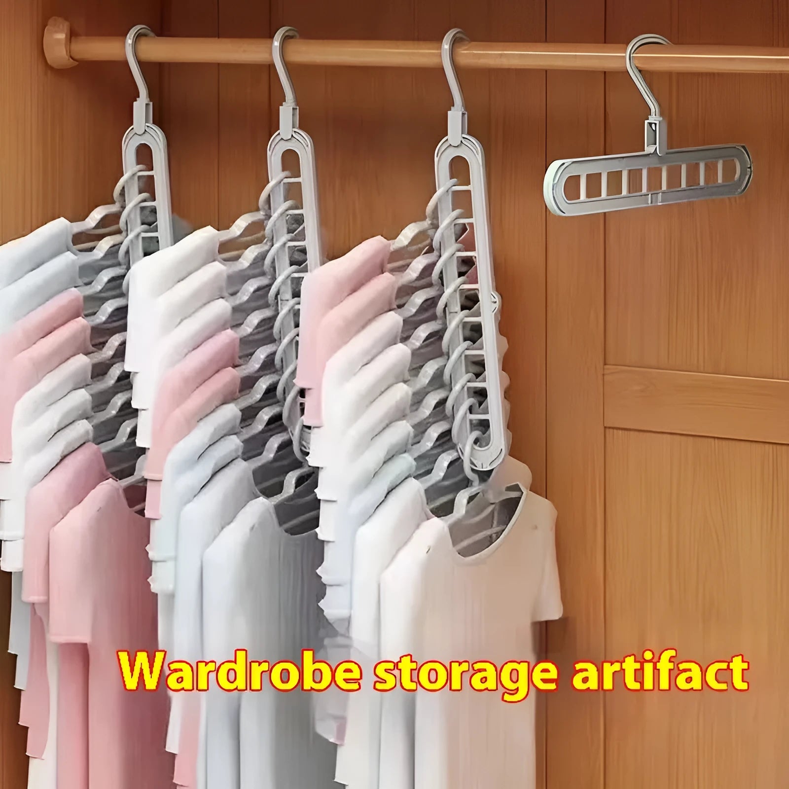 Foldable plastic hanger with nine holes for hanging trousers, shown in a choice of colours.