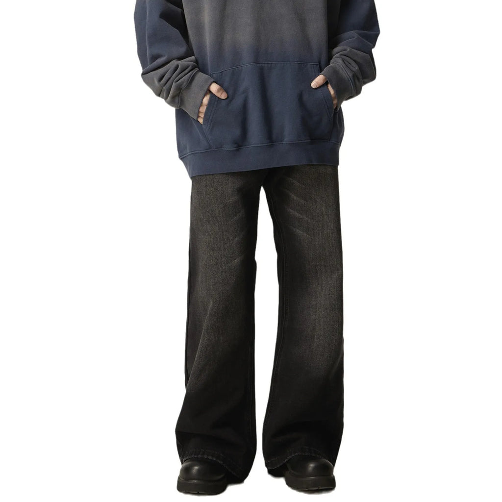 Black retro straight-leg jeans with zip fly opening and loose fit on size chart