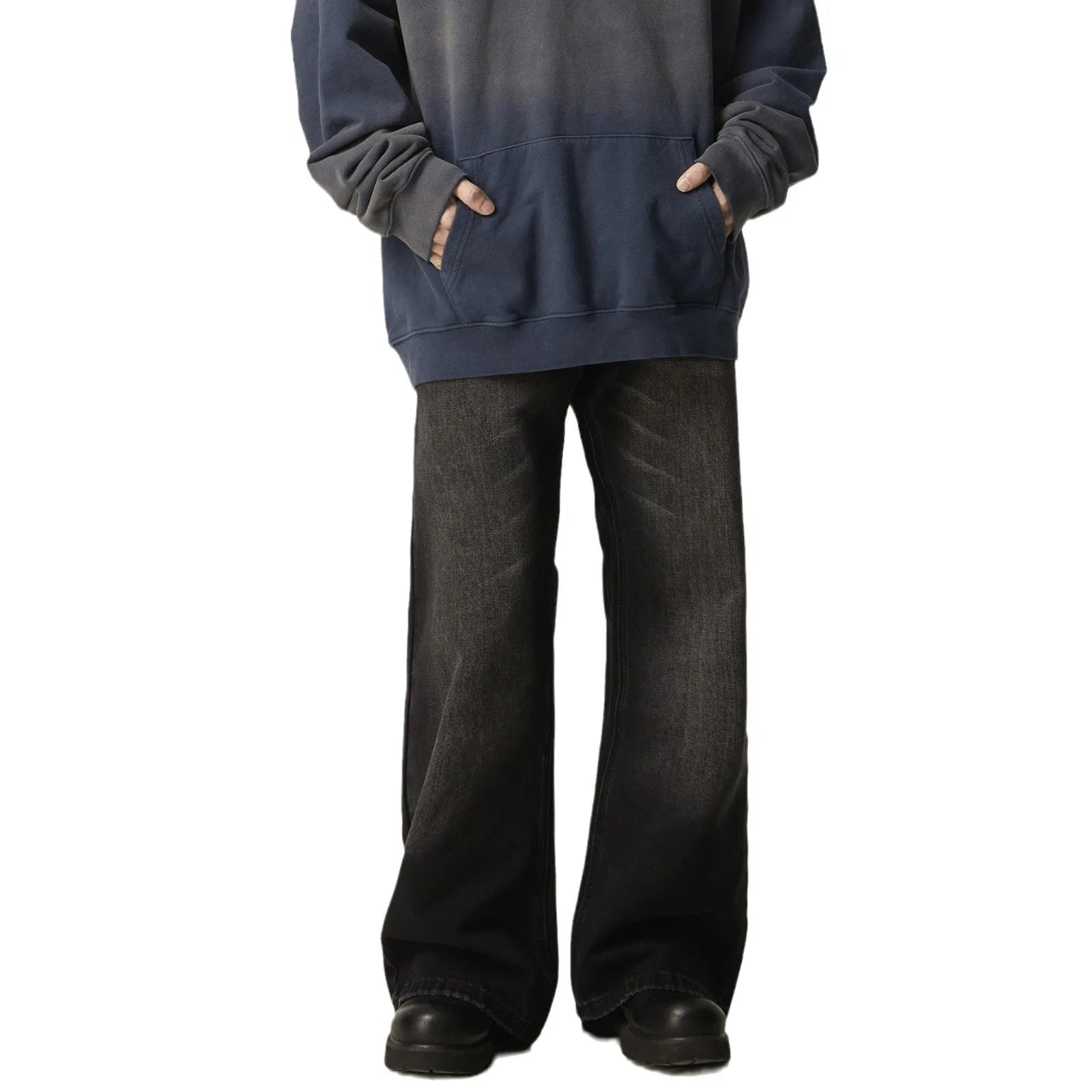 Black retro straight-leg jeans with zip fly opening and loose fit on size chart
