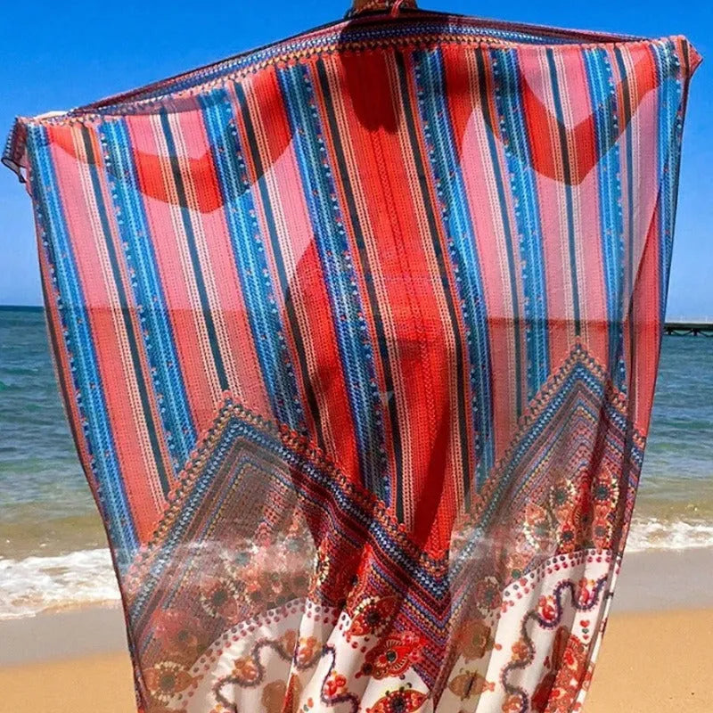 Women's three-piece swimsuit set with cutout blouse, high-waist briefs, and cover-up coat