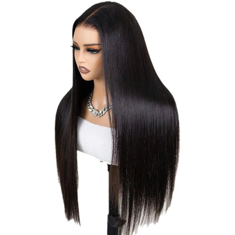 Black straight human hair lace front wig with a 13x6 inch frontal on a mannequin head.