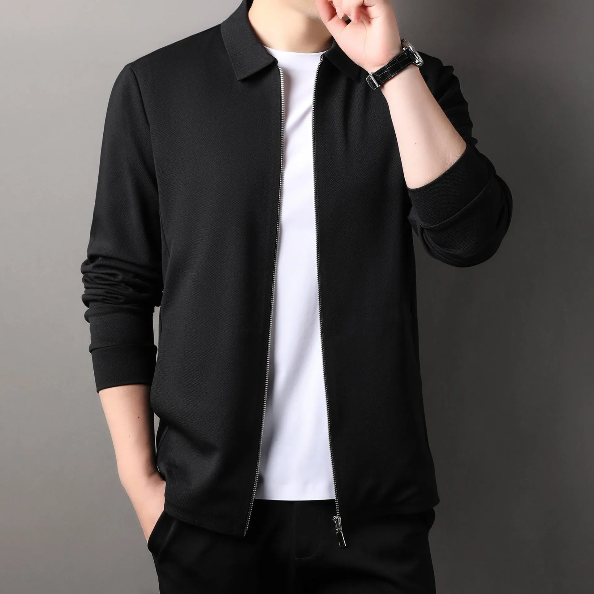 Men's polyester jacket in apricot, black, or dark grey with straight hem and regular sleeves.