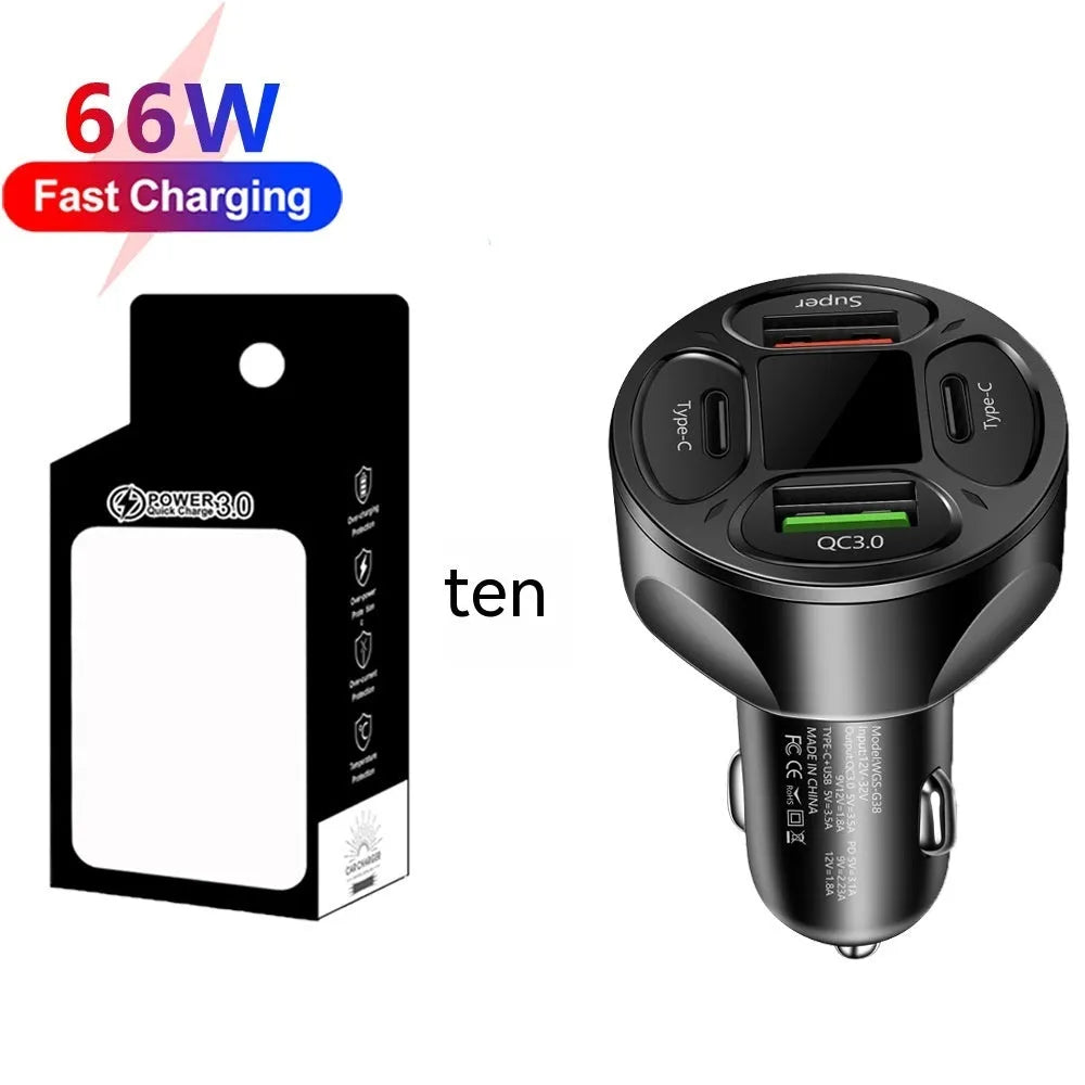 Black car charger with digital display showing charging voltage and current readings