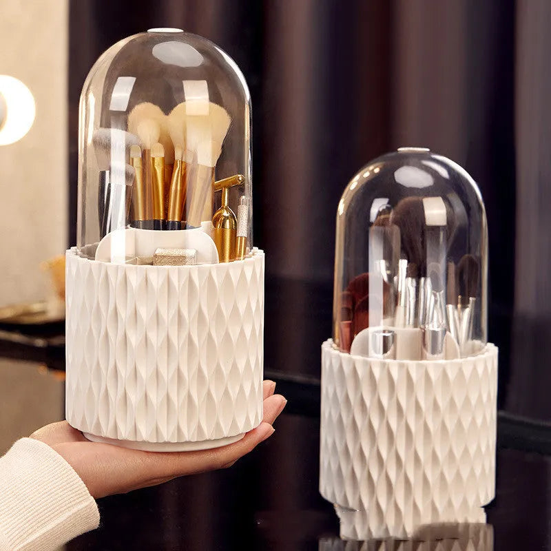 White rotating acrylic makeup brush storage box with transparent dustproof lid on dressing table