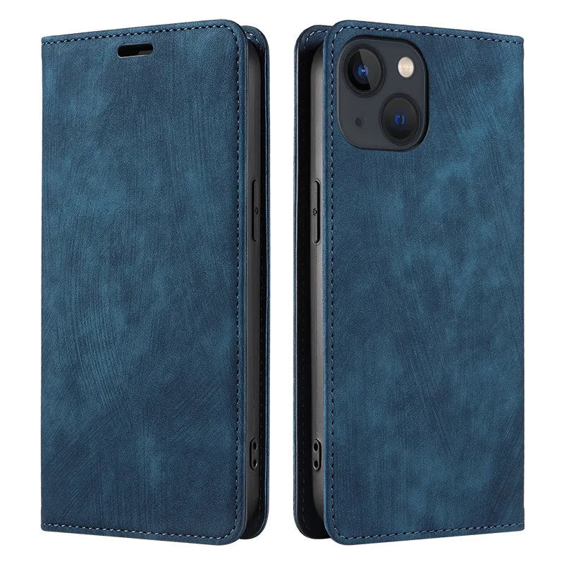 Magnetic leather and TPU flip phone case for iPhone shown in black, blue, and brown colours.